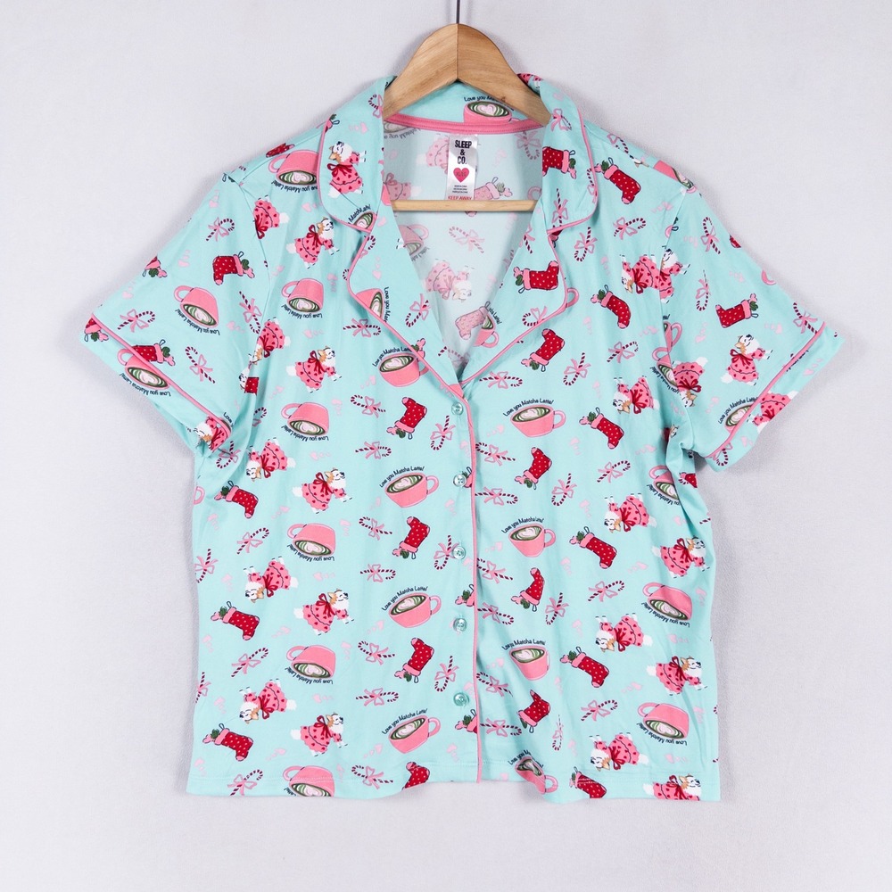 Sleep & Co Pajamas Womens XL Blue Corgi Matcha Latte Christmas Stretch Holiday
